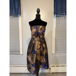 Escada Style Strapless Metallic Floral  Blue Gold Luxe Cocktail Wedding Guest XS